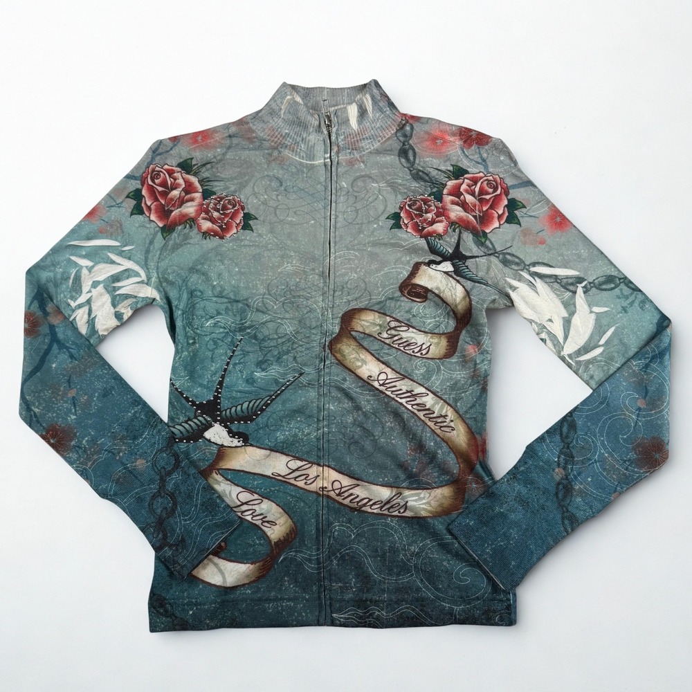 Guess Zip‎ Up Sweater Women S Blue Tattoo Print Roses Swallows Y2K Mock Neck